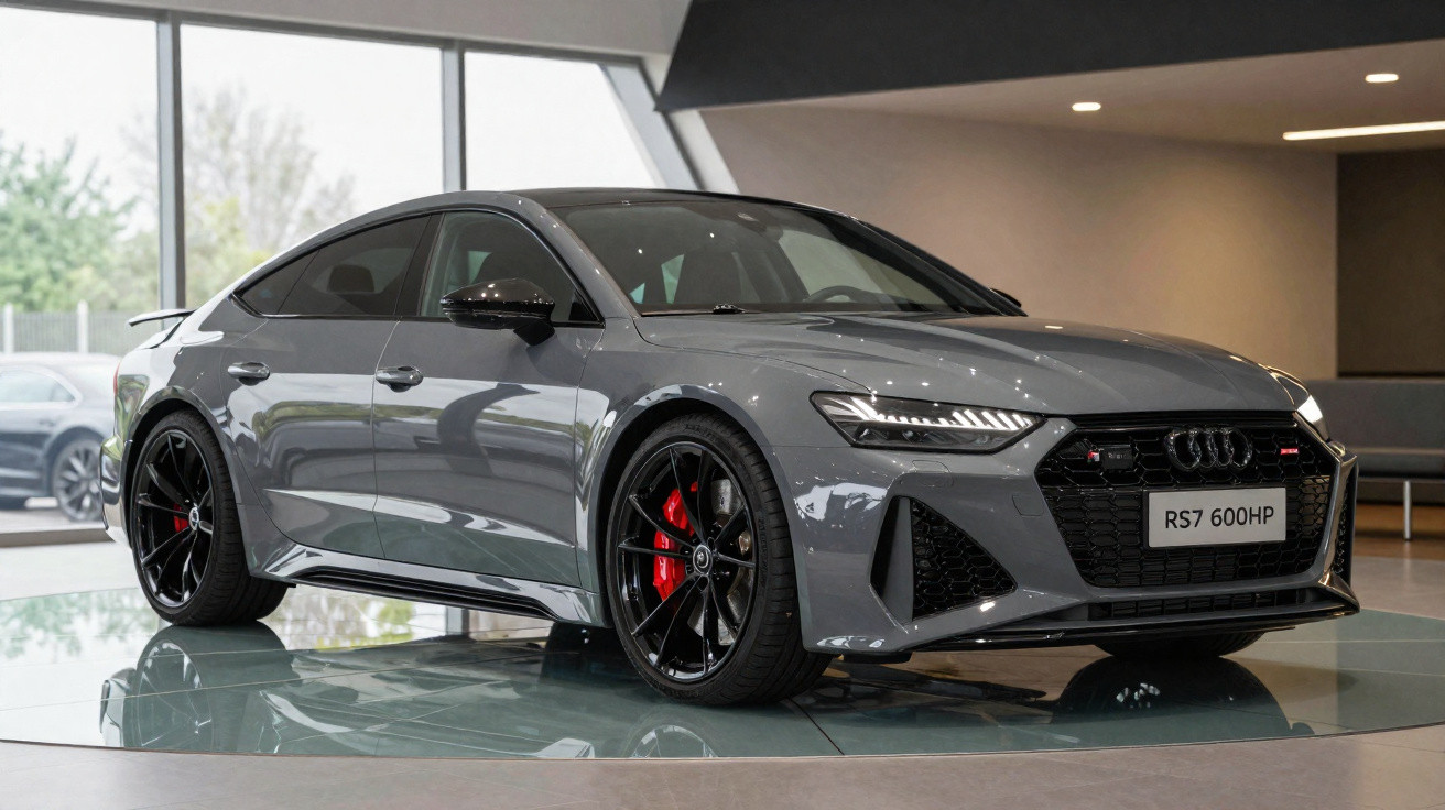 Carro esportivo Audi RS7 cinza exibido em ambiente interno com rodas pretas e freios vermelhos.