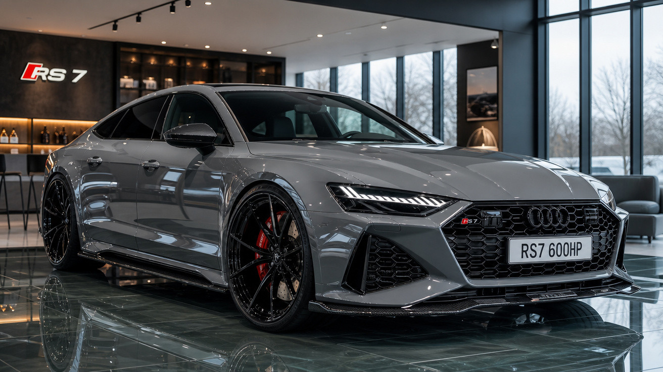 Carro Audi RS7 cinza esportivo em showroom moderno com iluminação natural e piso refletivo.