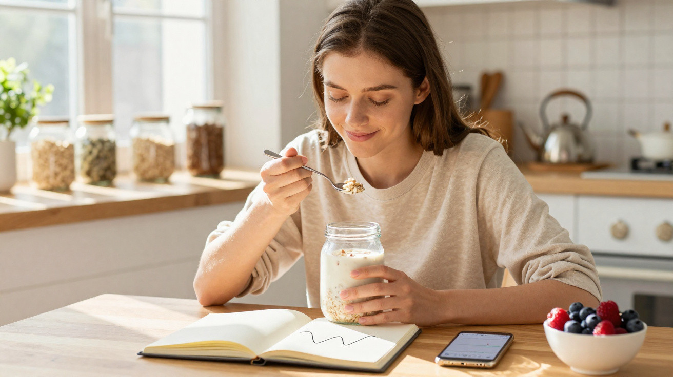 Jovem mulher comendo iogurte com granola na cozinha, com notebook, celular e tigela de frutas sobre a mesa.