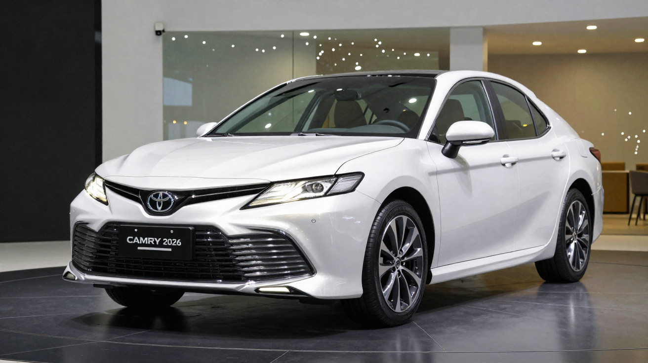 Carro sedã branco Toyota Camry 2026 exibido em salão moderno com iluminação amarela.