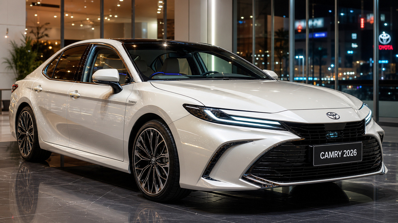Carro branco Toyota Camry 2026 exposto em showroom moderno com chão refletivo e iluminação interna.