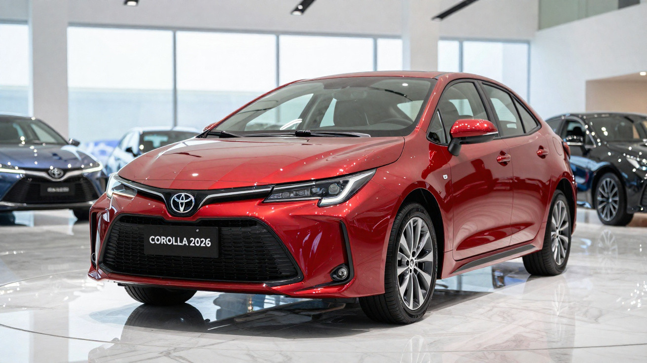 Carro Toyota Corolla 2026 vermelho exibido em showroom moderno com piso branco e muita iluminação natural.
