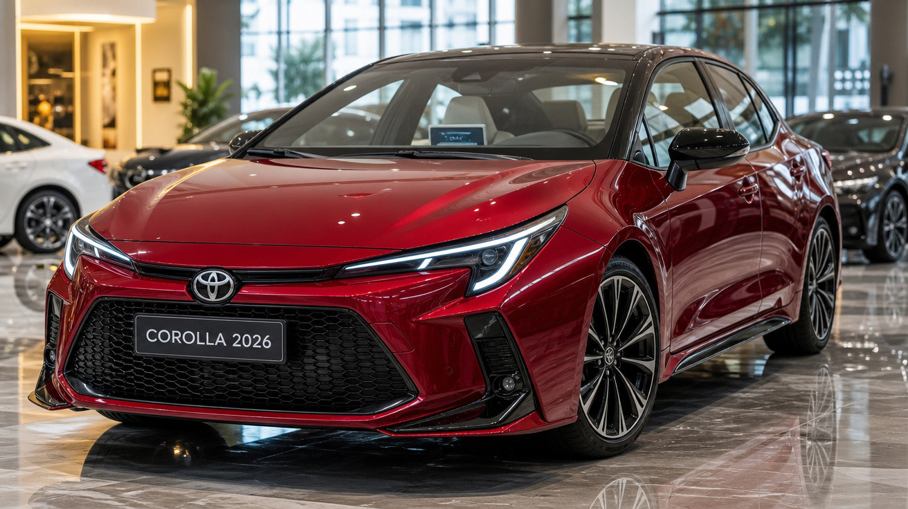Carro Toyota Corolla 2026 vermelho em exposição dentro de showroom moderno e iluminado.
