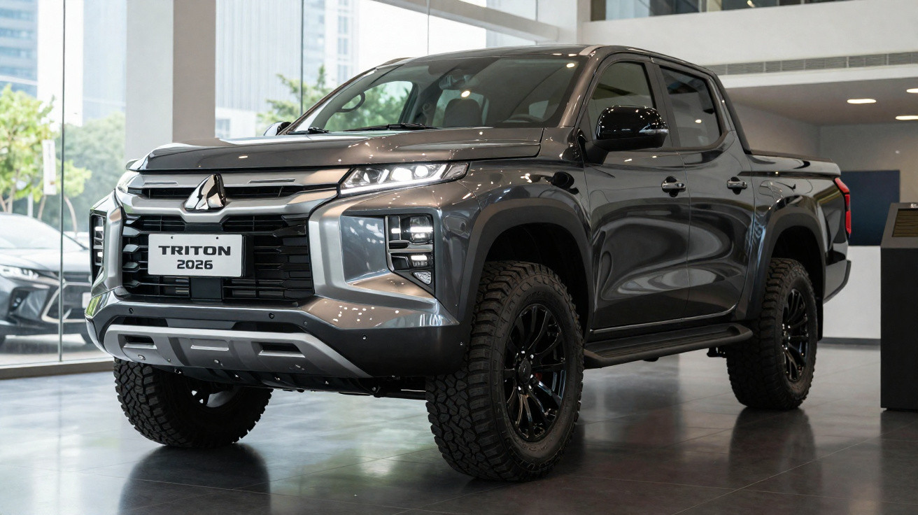 Picape Mitsubishi Triton 2026 cinza escuro exibida em showroom moderno.