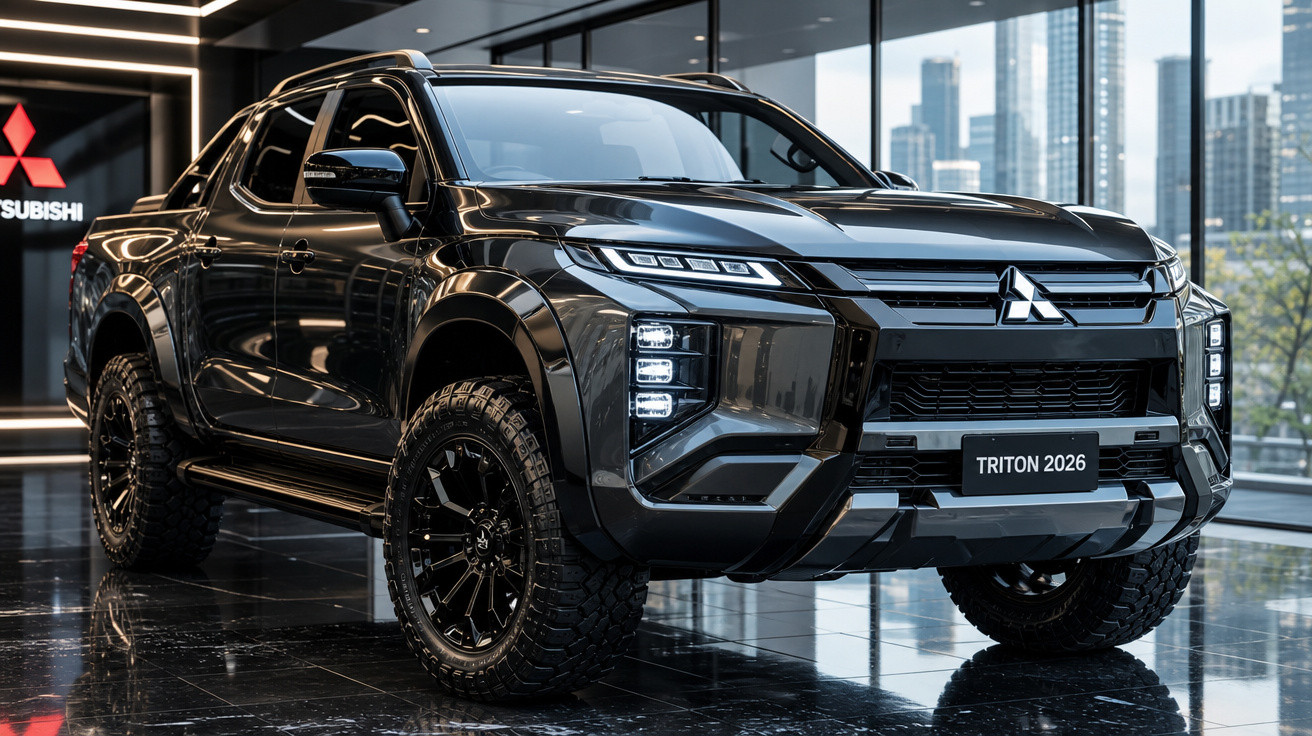 Picape preta Mitsubishi Triton 2026 em showroom moderno com piso espelhado e vista urbana ao fundo.