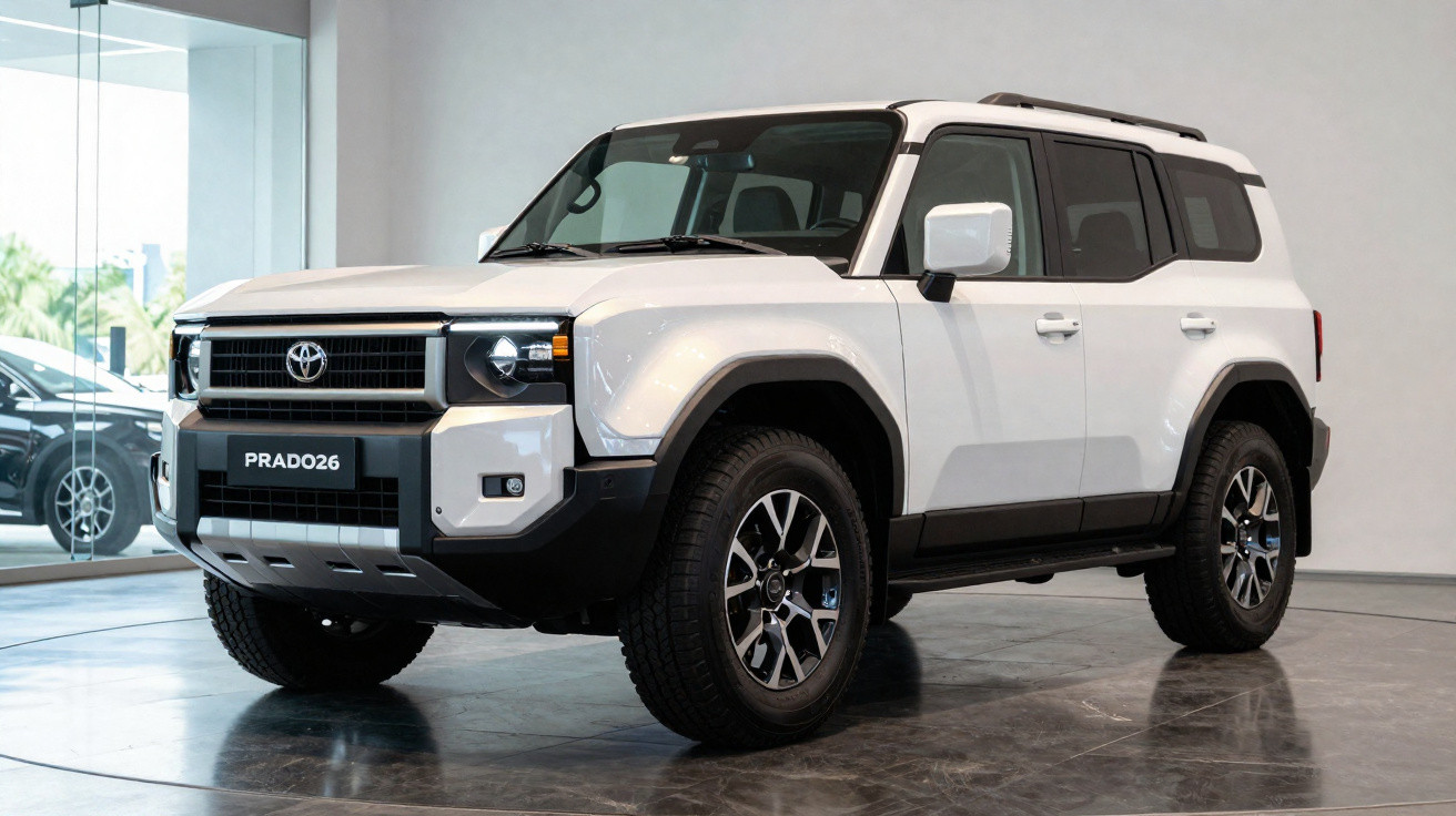 SUV branco Toyota Prado26 estacionado em ambiente interno com piso refletivo e paredes claras.