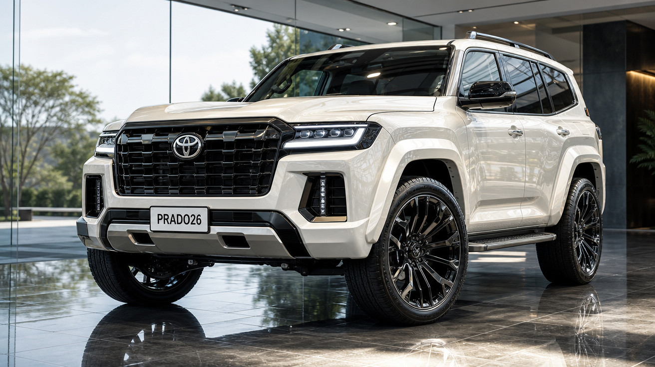 SUV Toyota Prado branco estacionado em showroom com teto de vidro e piso refletivo.