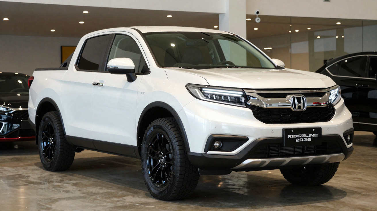 Picape Honda Ridgeline 2026 branca exibida em showroom, com rodas pretas e design moderno.