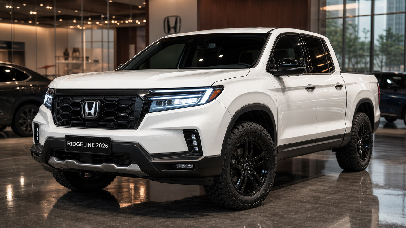 Picape Honda Ridgeline 2026 branca exposta em showroom moderno e iluminado.