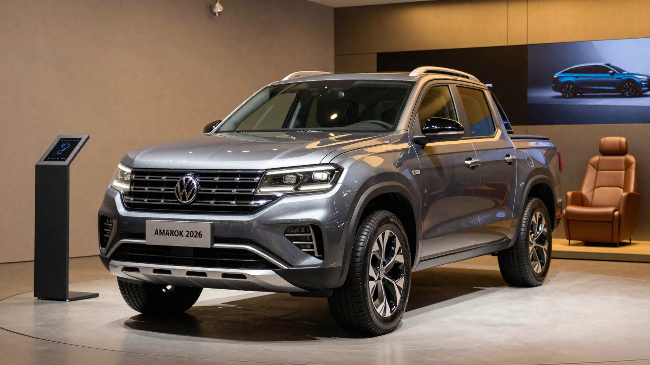 Picape Volkswagen Amarok 2026 cinza exibida em salão com poltrona marrom ao fundo.