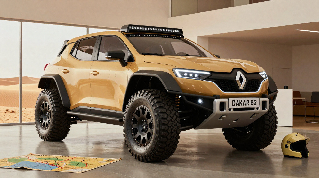 Carro Renault off-road amarelo com pneus grandes e capacete amarelo ao lado em ambiente interno.