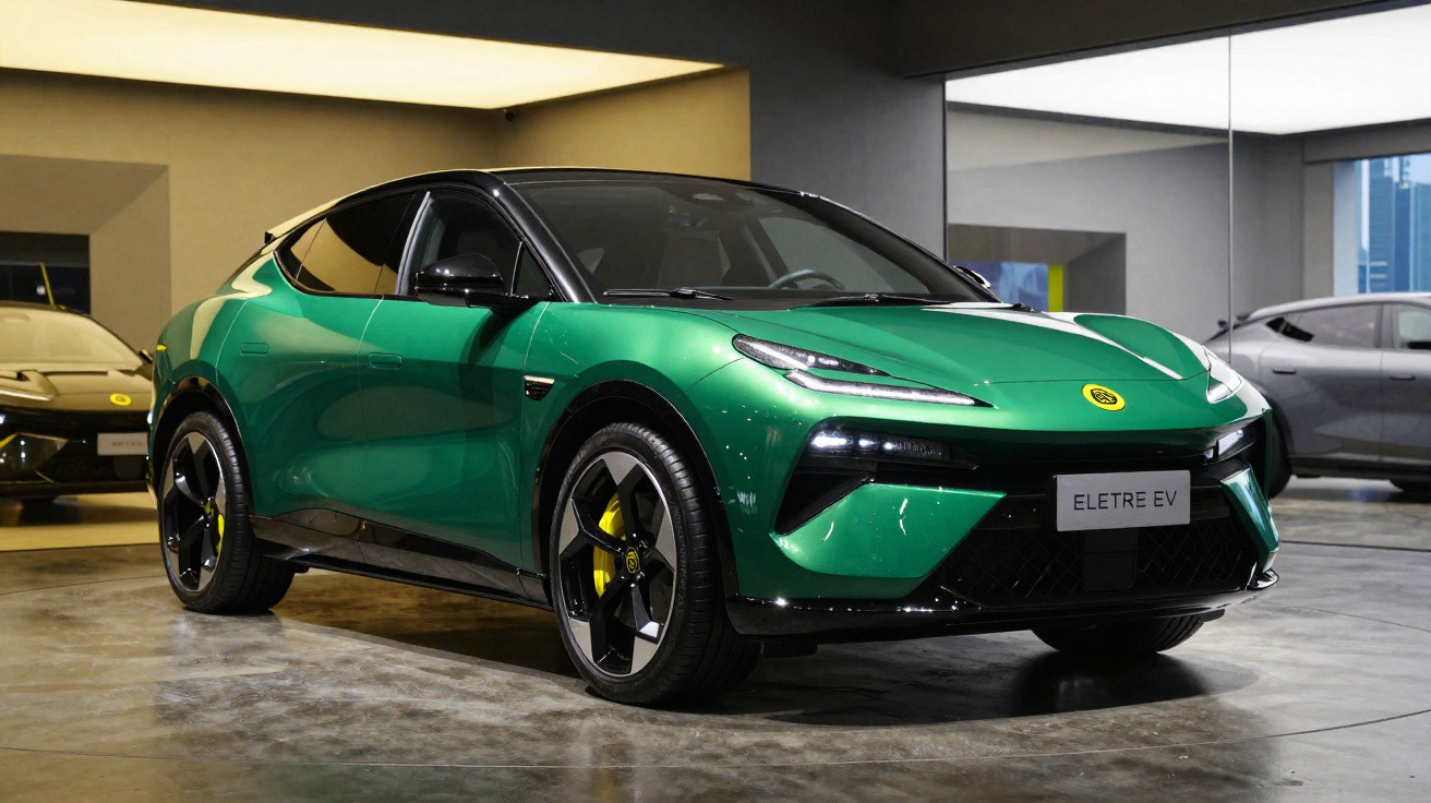 Carro elétrico SUV verde BYD Eletre EV exposto em ambiente interno moderno com iluminação amarela.