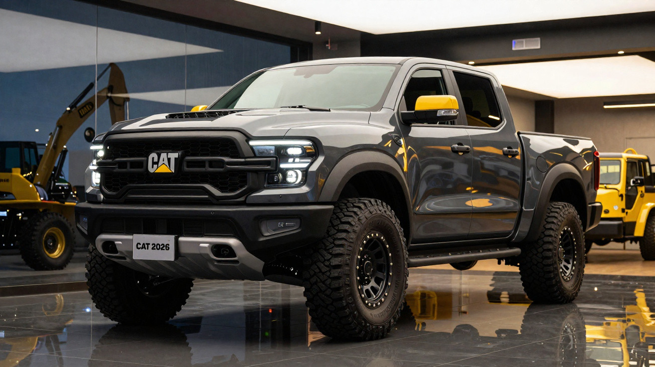 Picape cinza escura CAT 2026 com detalhes amarelos em showroom moderno iluminado.