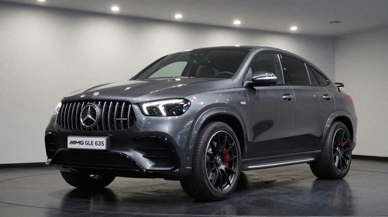 Carro Mercedes-Benz AMG GLE 63S cinza estacionado em ambiente interno com iluminação no teto.