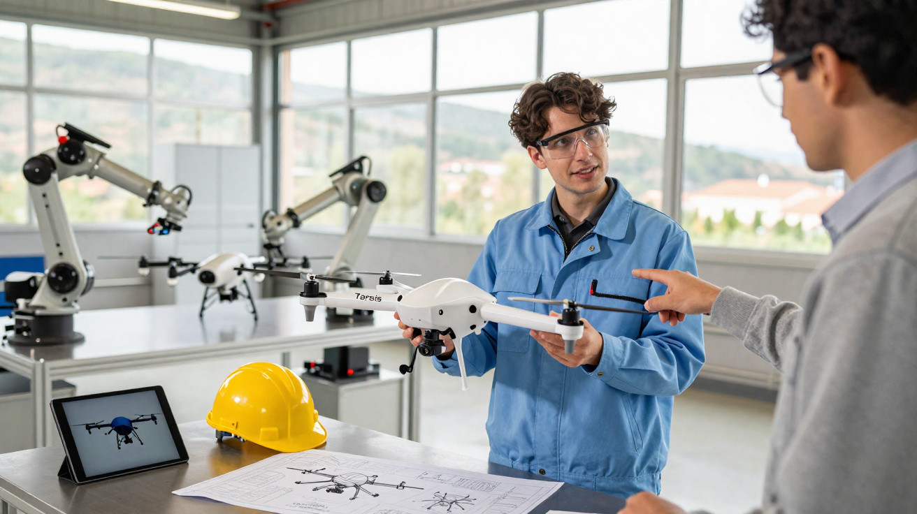 Dois engenheiros em laboratório com drones, capacete amarelo e projeto técnico sobre a mesa.