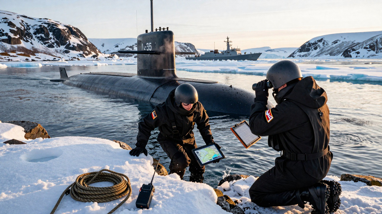 Dois militares com roupas de mergulho e capacetes em frente a um submarino em águas geladas cercadas por gelo e montanhas.