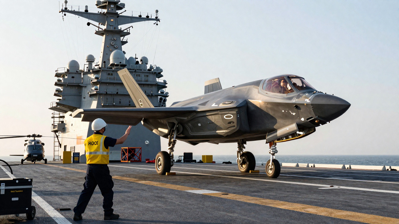 Pessoal de solo orienta caça F-35 pousando no convés de porta-aviões durante o dia.