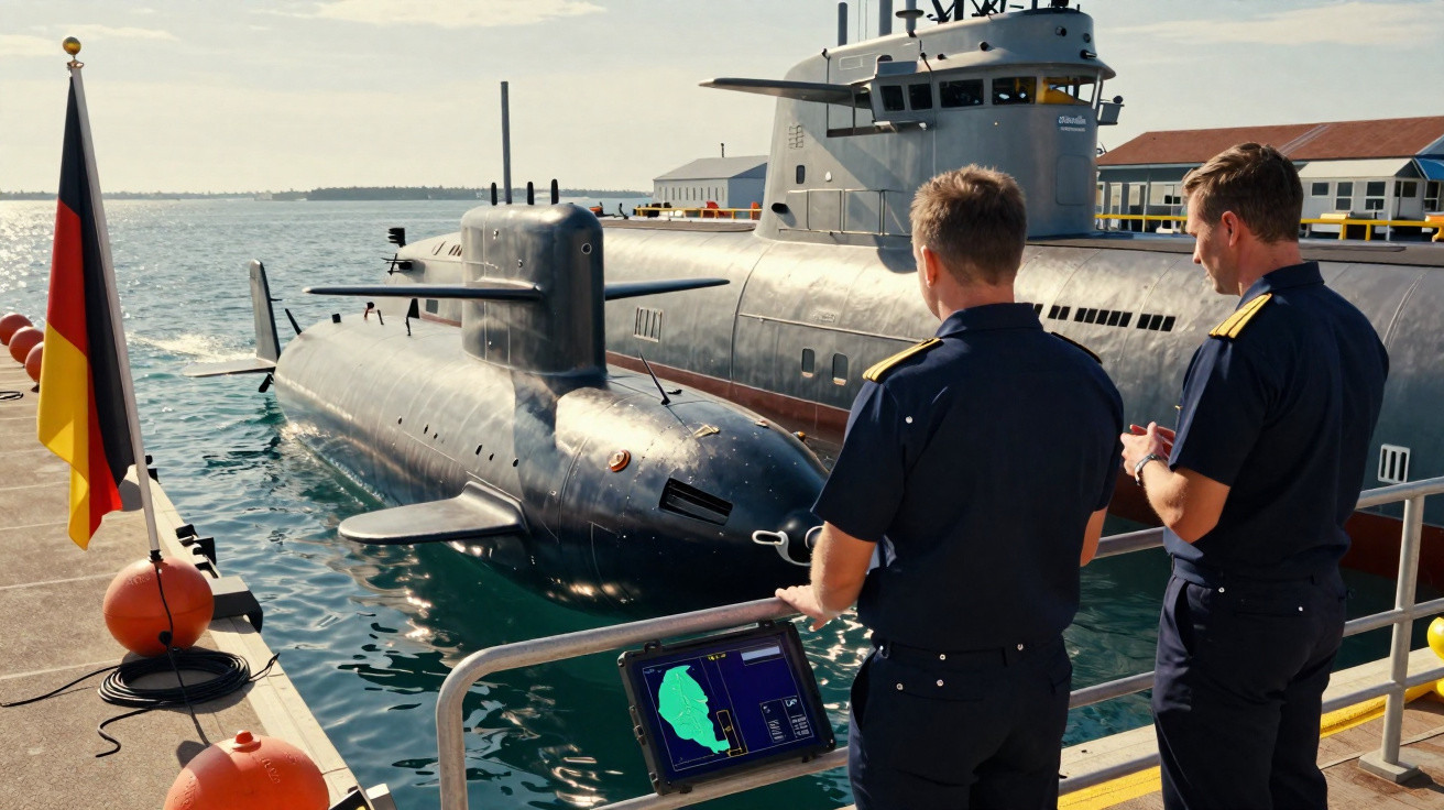 Dois militares observam submarinos alemães atracados em porto com equipamento eletrônico ao lado.