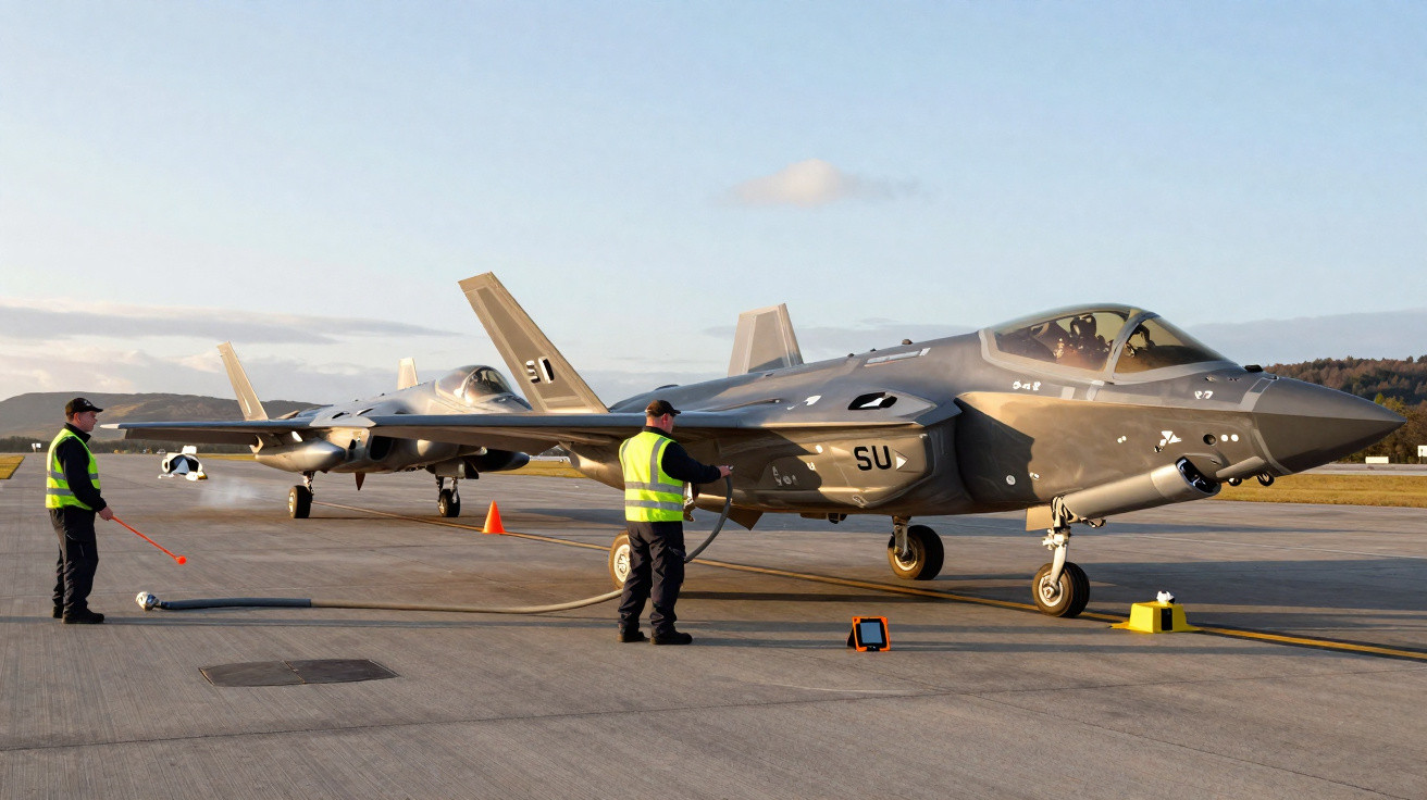 Dois jatos militares cinza estacionados no aeródromo com técnicos realizando manutenção.
