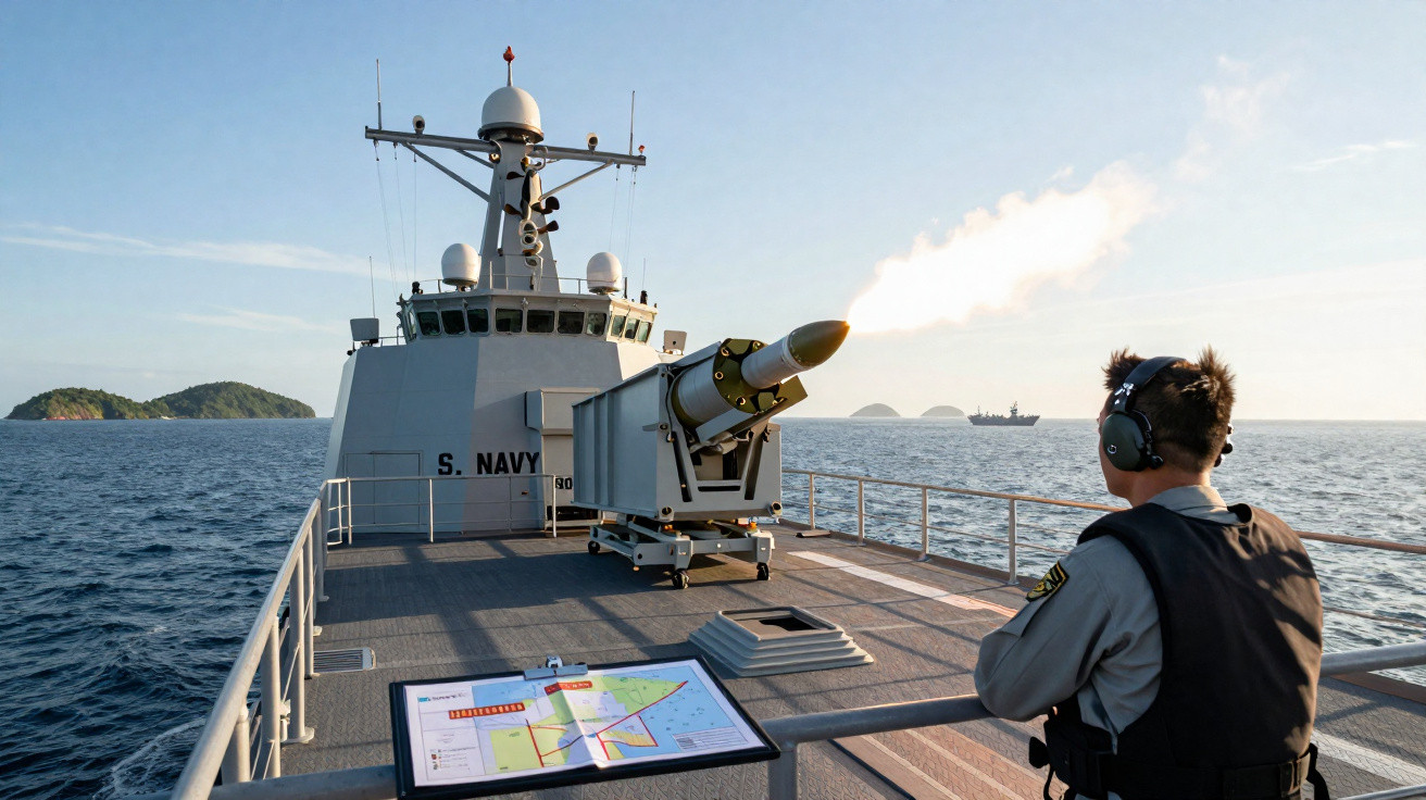 Navio de guerra da marinha disparando míssil enquanto um tripulante observa no convés.