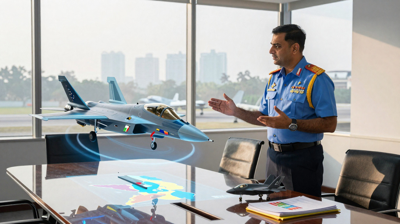 Militar em uniforme azul observa modelo 3D de avião de caça sobre mesa em sala com janelas grandes.