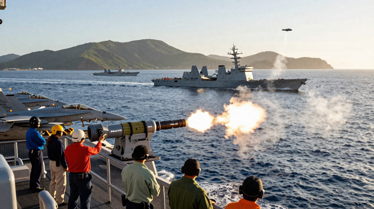 Marinheiros uniformizados operam arma em navio com mar e outras embarcações ao fundo em ambiente ensolarado.