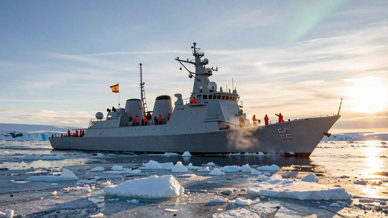 Navio militar espanhol navegando entre blocos de gelo no mar gelado ao pôr do sol.