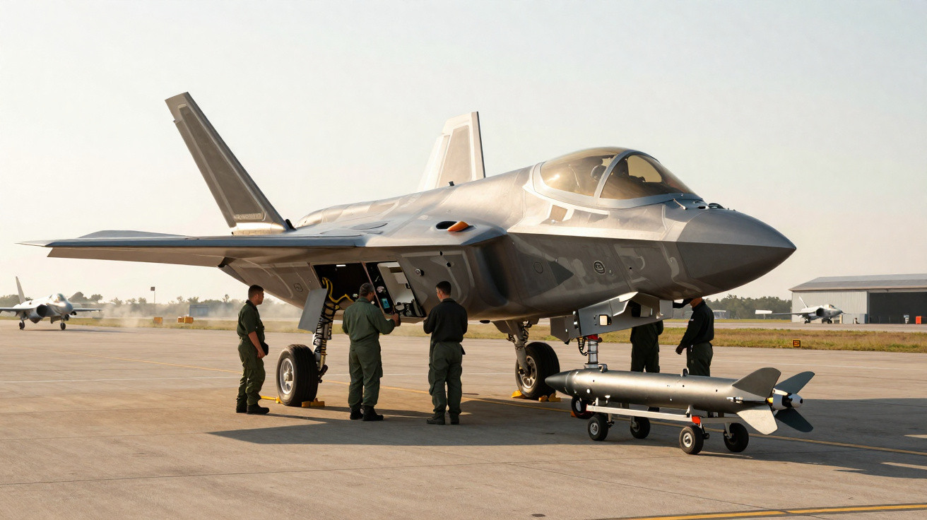 Caça F-35 com militares ao redor e uma bomba em um carrinho na pista de aeroporto.