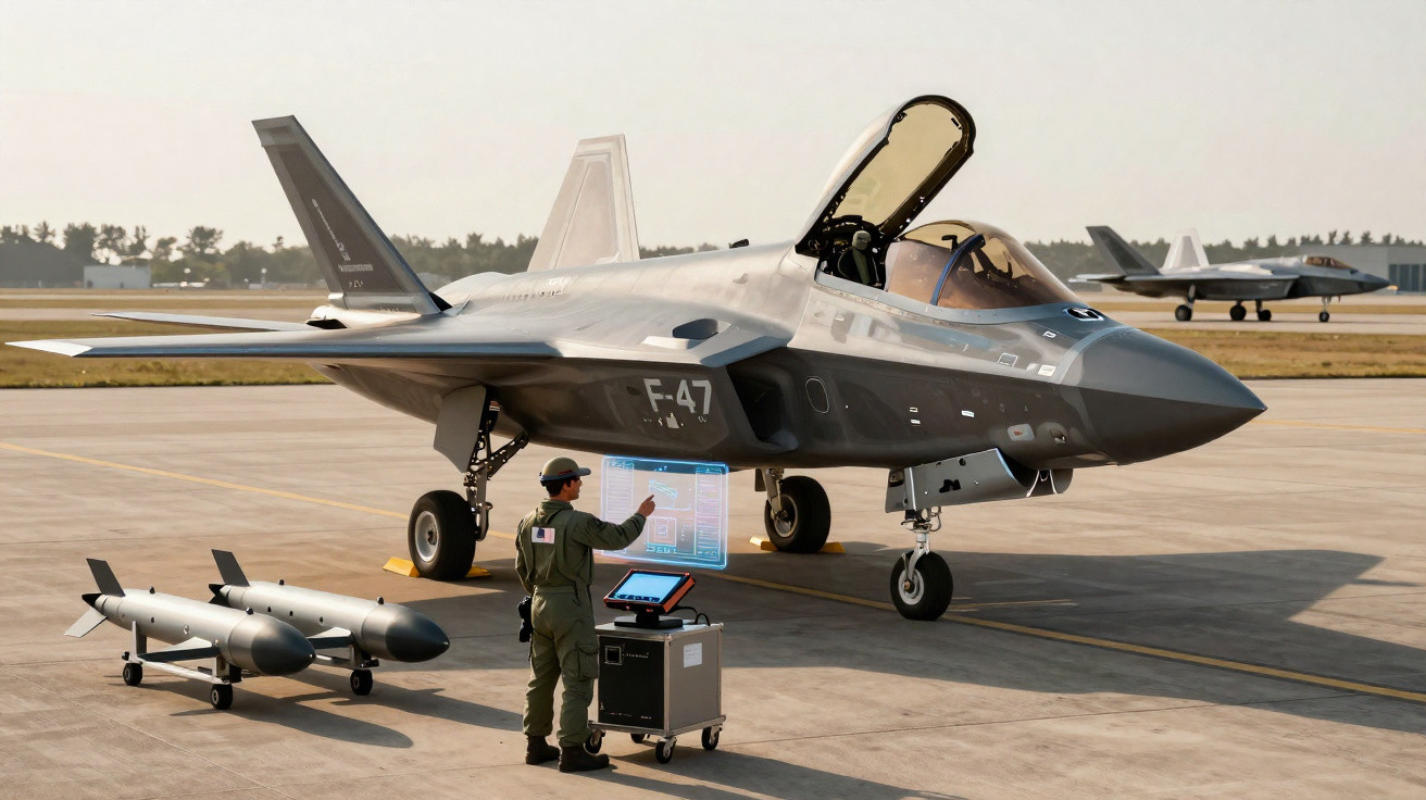 Avião de combate F-47 no solo com piloto e armas ao lado em pista de aeroporto militar.