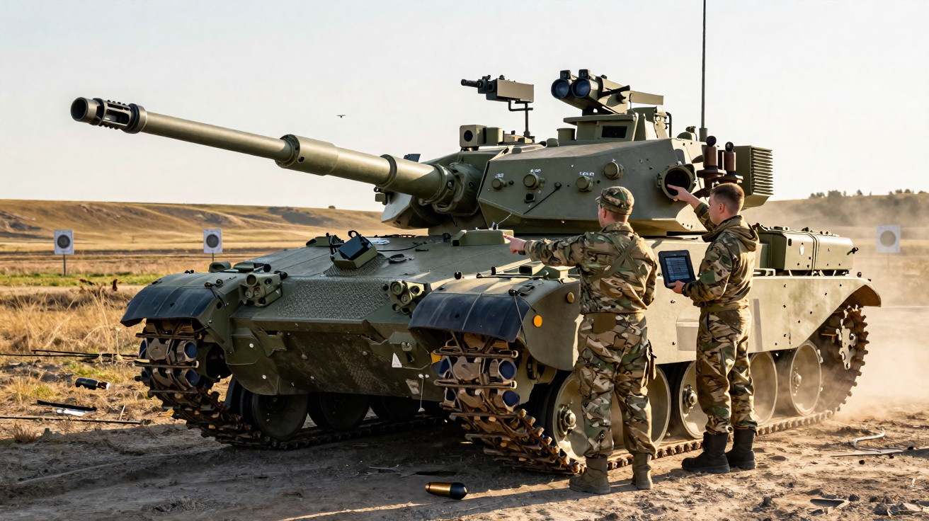 Tanque militar verde com canhão e dois soldados em uniforme camuflado em campo aberto.
