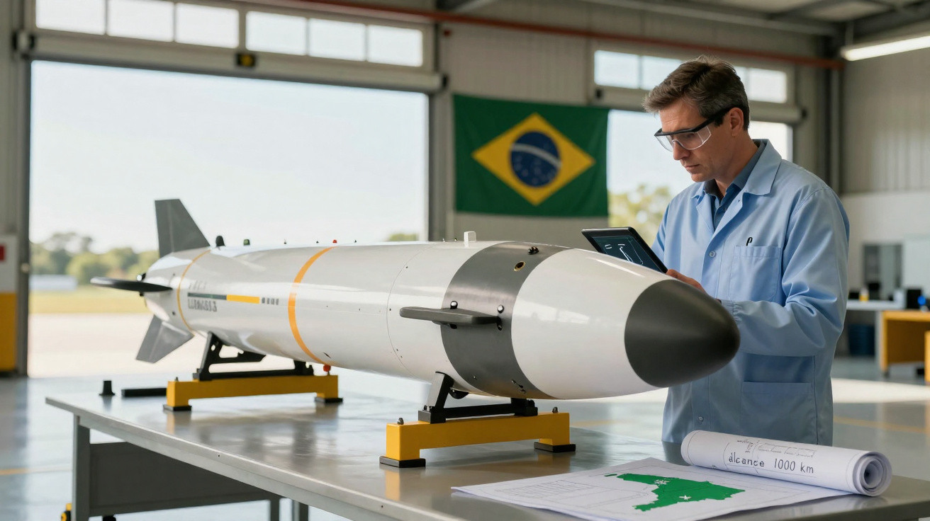 Engenheiro em laboratório com jaleco e óculos de proteção inspeciona um míssil sobre bancada.