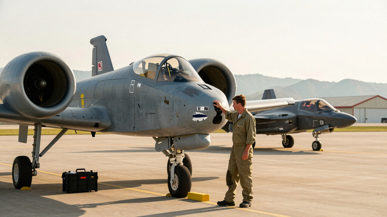 Homem em macacão encostado em avião militar estacionado, com outro caça ao fundo em pista de aeroporto.
