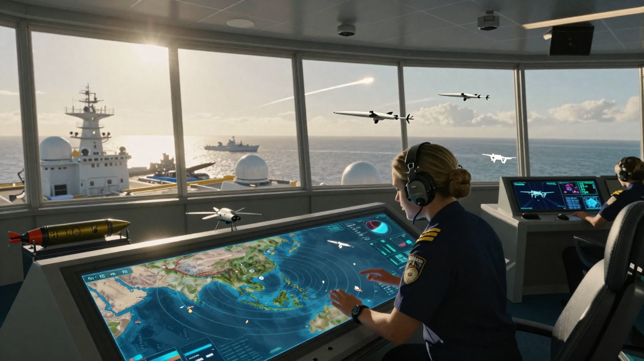 Sala de comando naval com operadores controlando drones e monitorando mapas digitais em telas touchscreen.