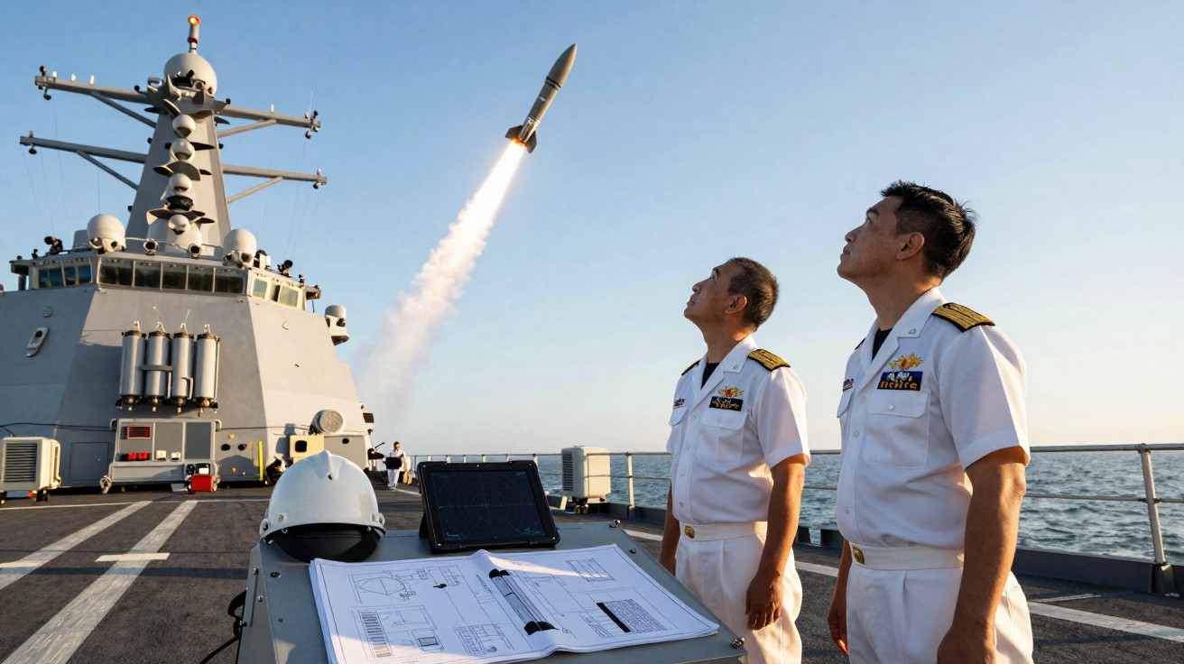 Dois oficiais da marinha observam lançamento de míssil a partir de navio militar no mar.