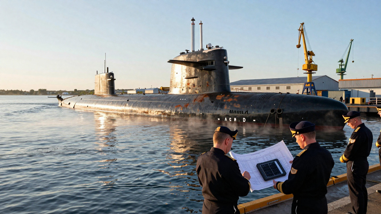 Submarino militar atracado com três oficiais da marinha analisando planos na doca ao entardecer.