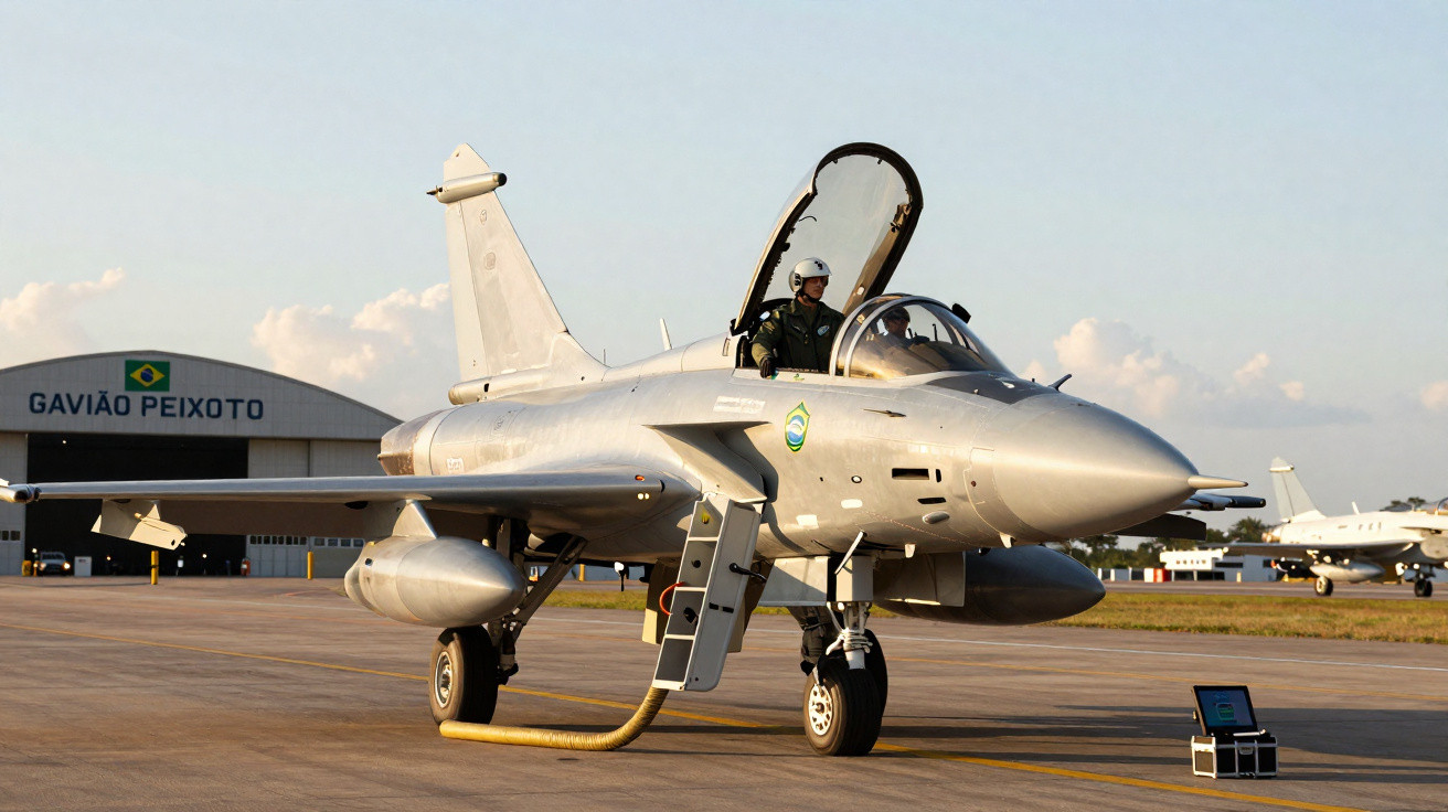 Caça militar brasileiro estacionado em pista com piloto e manutenção em hangar Gavião Peixoto ao fundo.