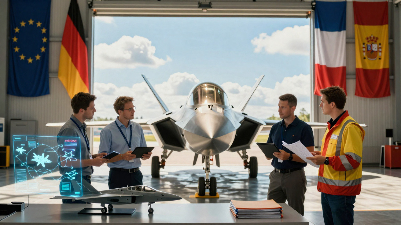 Equipe de engenheiros analisando projeto de caça militar em hangar com bandeiras da UE, Alemanha, França e Espanha.