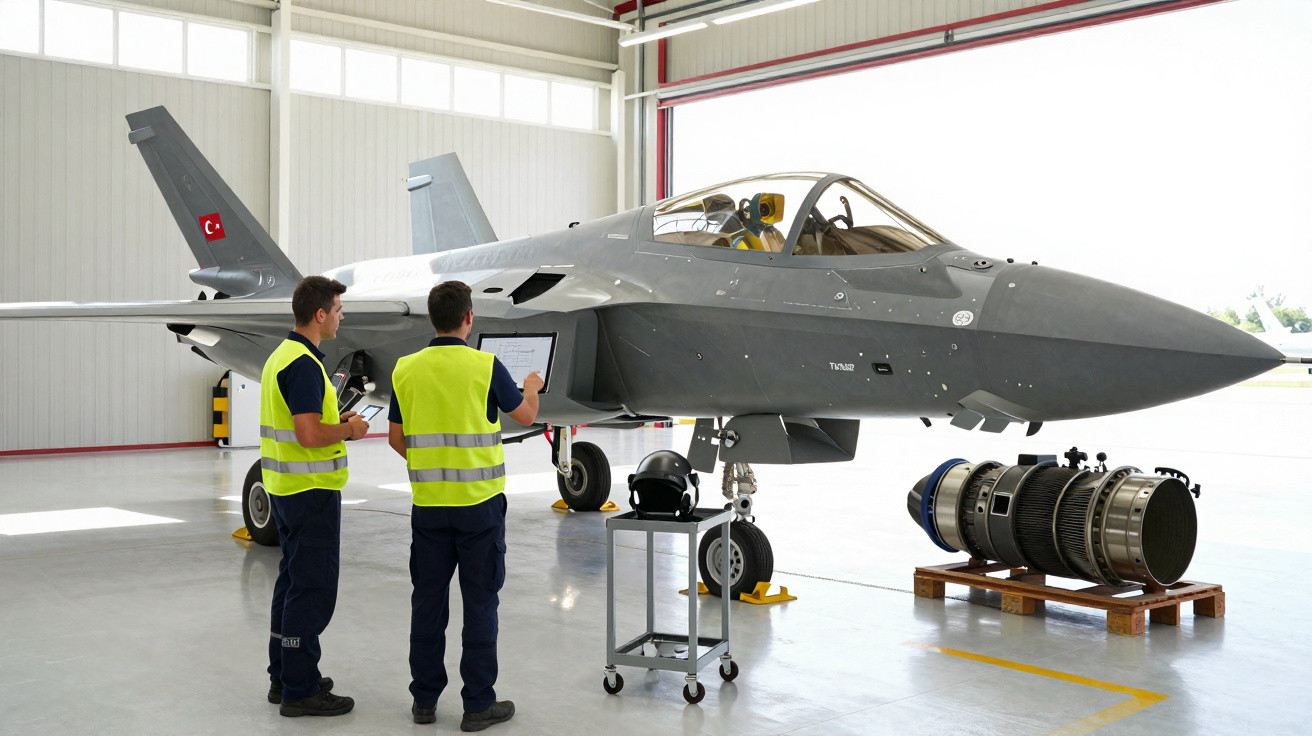 Dois técnicos analisam o caça TF-X em hangar, com motor exposto ao lado e equipamentos próximos.
