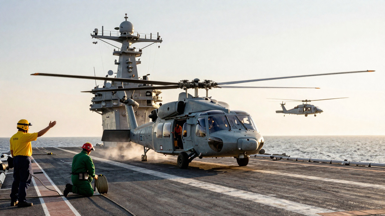 Helicópteros militares pousando no convés de um navio de guerra com tripulação coordenando operações.