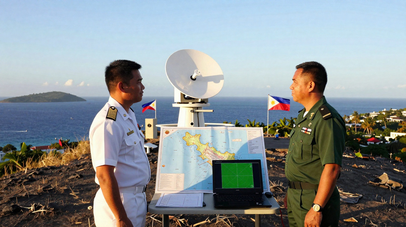 Dois militares filipinos de uniforme, mapa e computador em estação de monitoramento ao ar livre perto do mar.