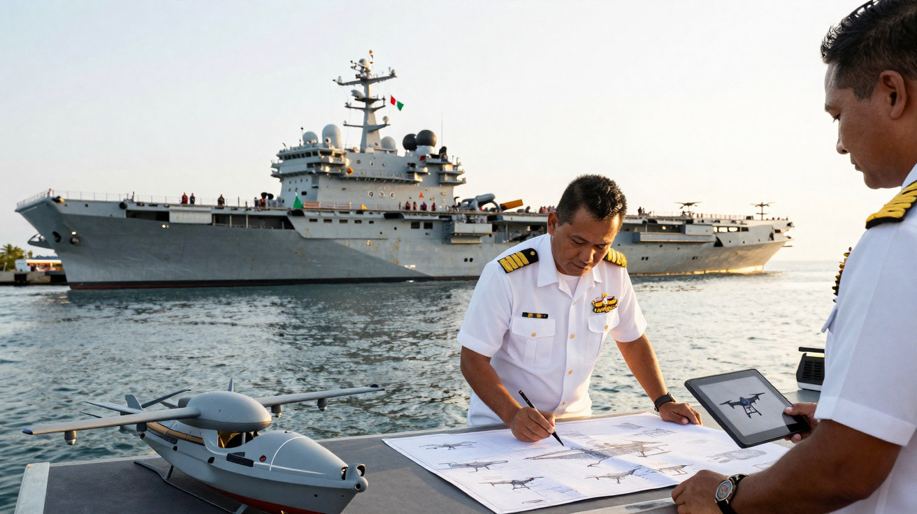 Dois oficiais da marinha analisam desenhos técnicos de drones navais perto de um grande navio de guerra no porto.