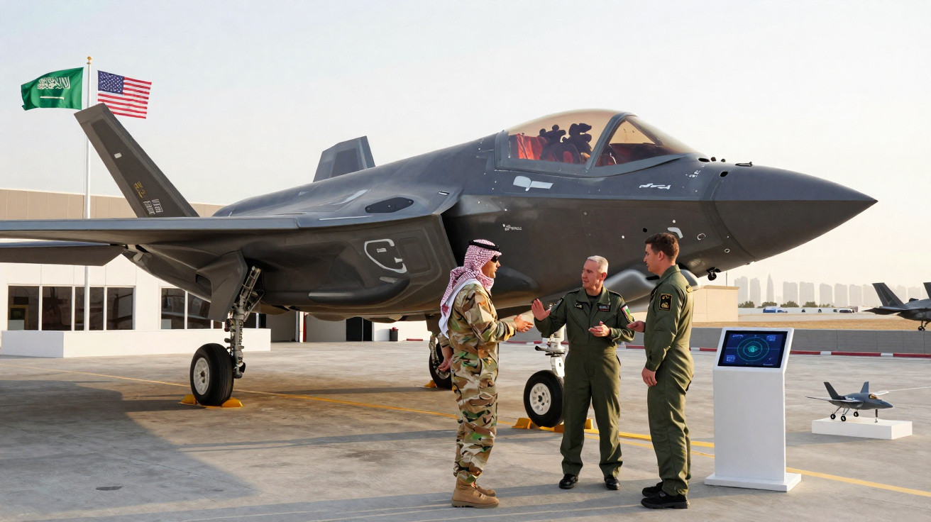 Três militares conversam ao lado de um caça furtivo F-35 em base aérea com bandeiras da Arábia Saudita e EUA.