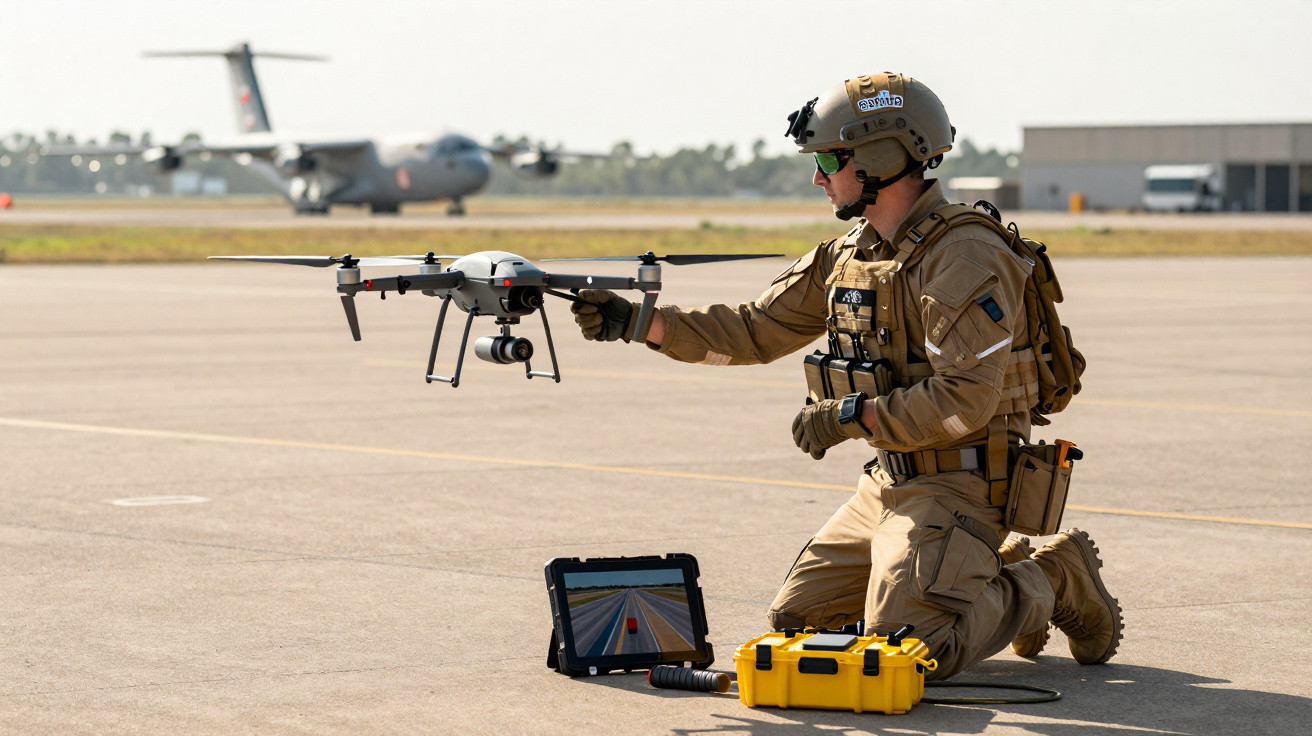Militar em equipamento tático operando um drone em pista de aeroporto, com aeronave ao fundo.