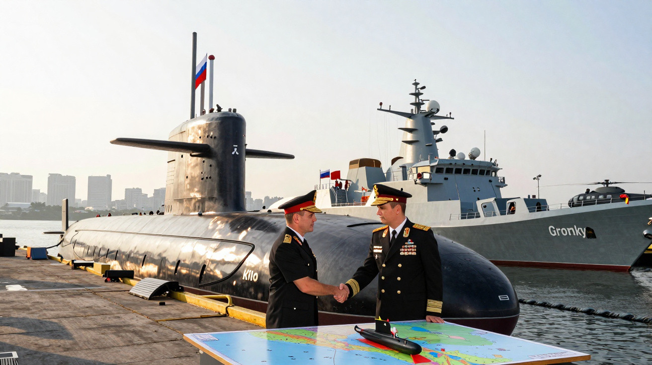 Dois militares russos se cumprimentam ao lado de um submarino no cais com navio de guerra ao fundo.