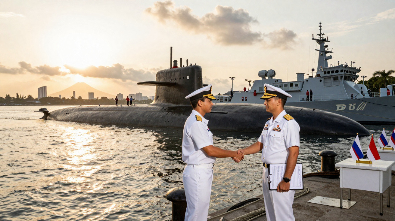 Dois oficiais da marinha em uniforme branco apertam as mãos no cais com um submarino e um navio ao fundo durante o pôr do sol