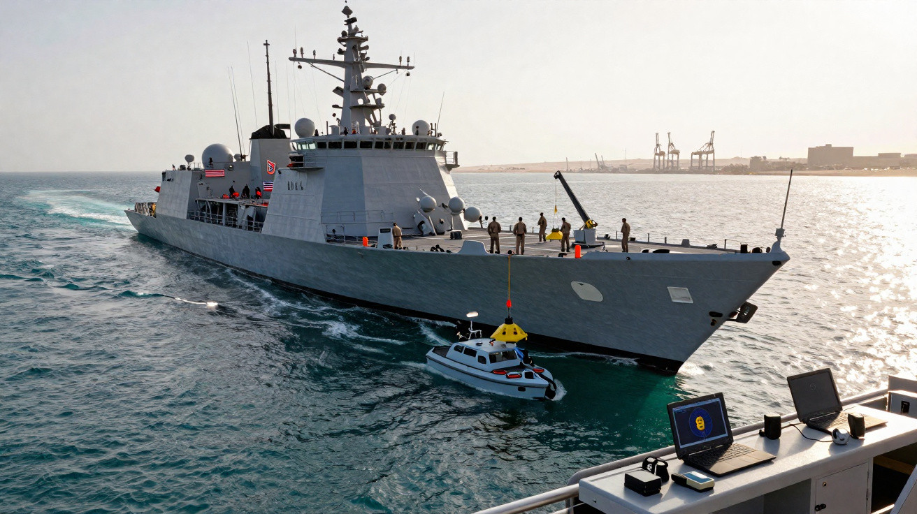 Navio militar cinza no mar com equipe a bordo e equipamentos eletrônicos em primeiro plano.