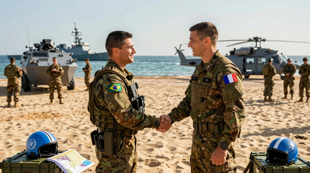 Soldados brasileiro e francês apertam as mãos na praia com navio, helicóptero e militares ao fundo.