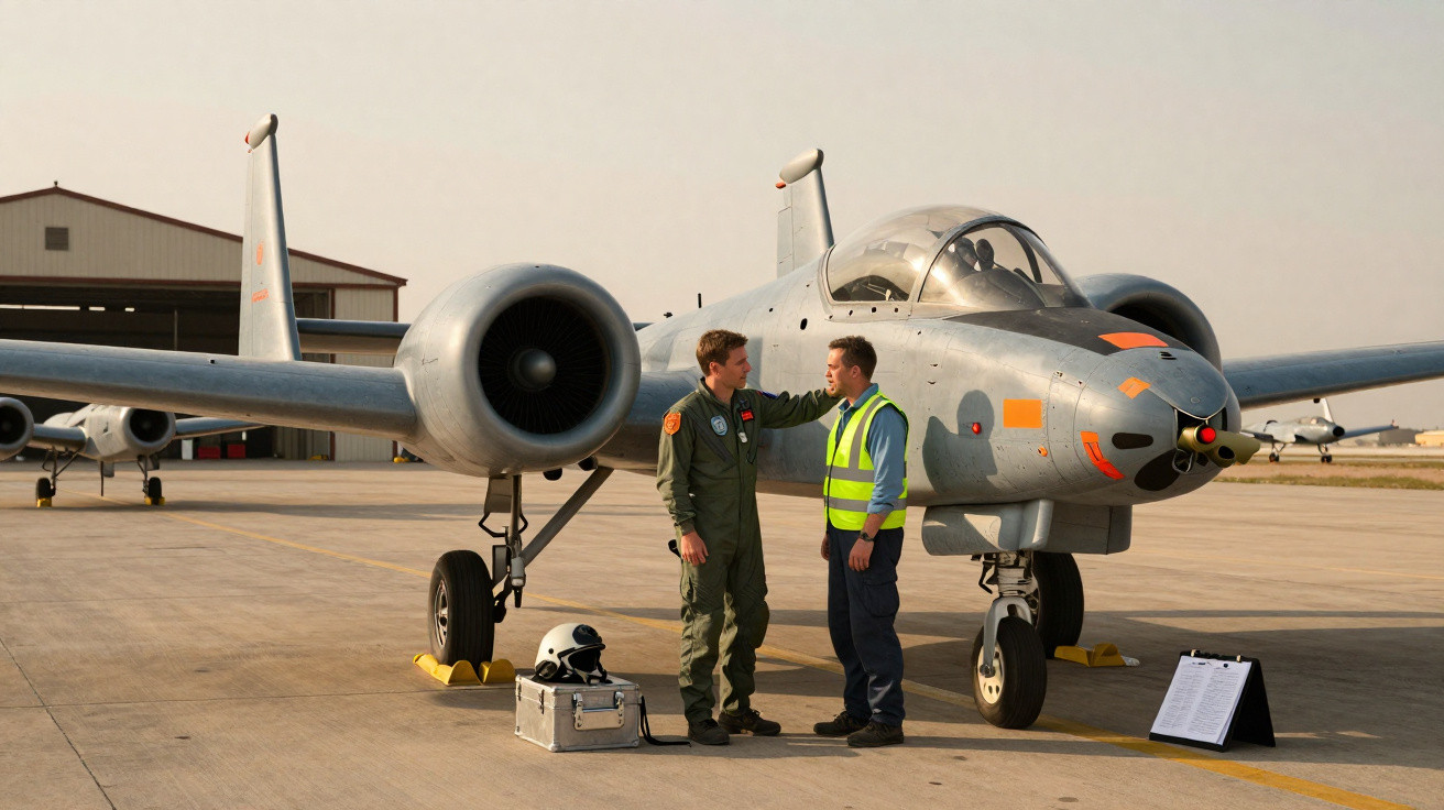 Dois homens conversam ao lado de avião militar estacionado em pista de aeroporto.