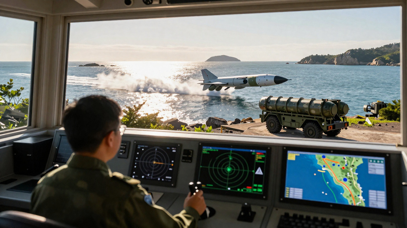 Militar em cabine de controle monitora lançamento de míssil sobre o mar próximo à costa e veículo militar.