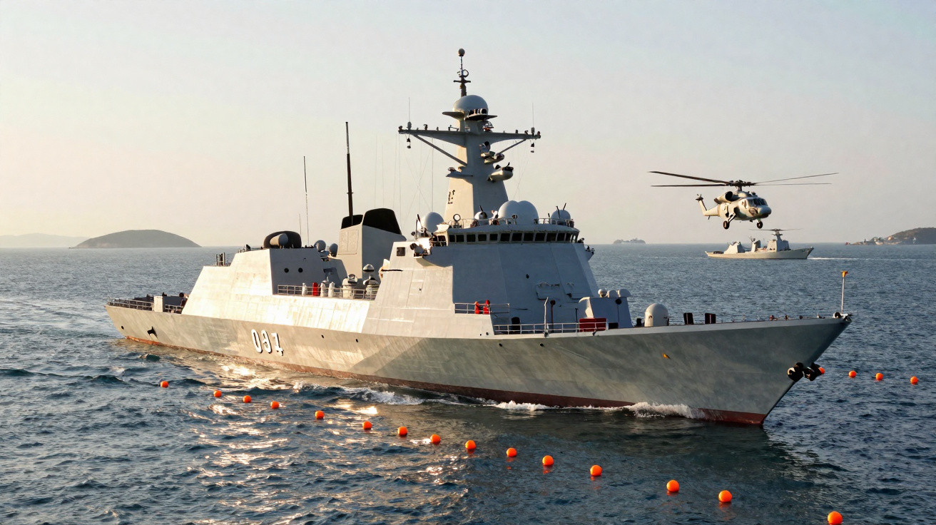 Navio de guerra cinza no mar com helicóptero pairando e bóias laranjas na água ao redor.